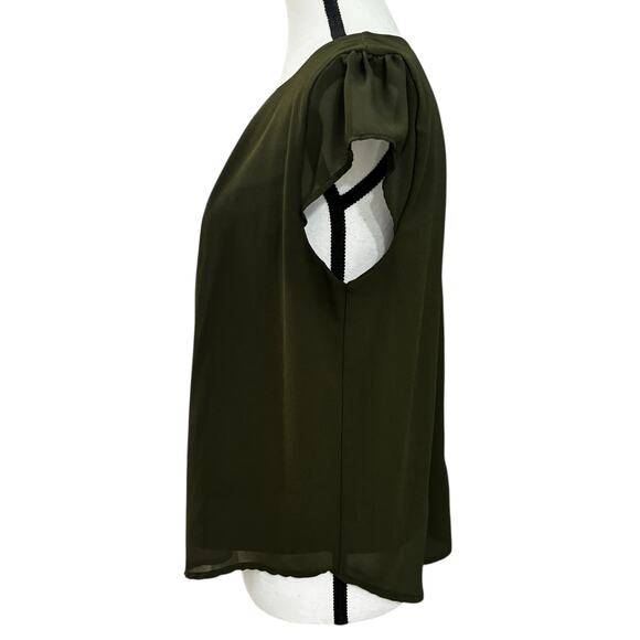 Lily White Olive Green Chiffon Blouse Women’s Large Pleated Cap Sleeve Top - Picture 6 of 8